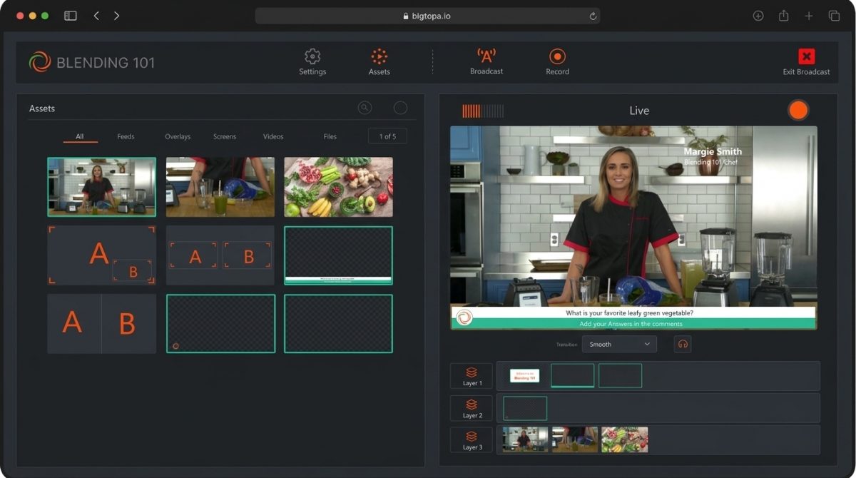 A BigTopa Meetups broadcast studio — live production, assets, and layouts