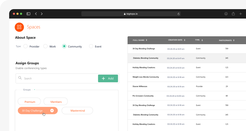 BigTopa space admin — space type selector, groups, spaces dashboard