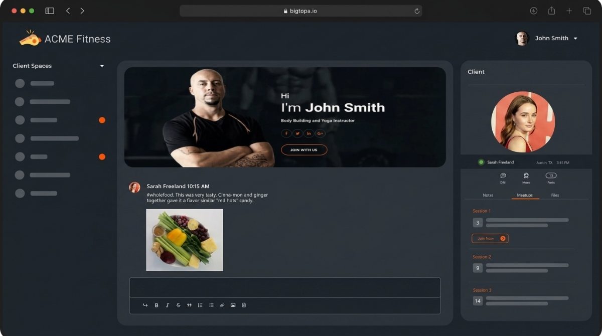 A BigTopa Space activity stream — member posts, composer, and profile sidebar