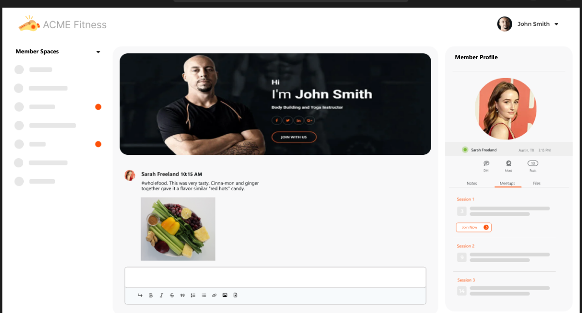 BigTopa Space UI — streams, member profile, meetup sessions